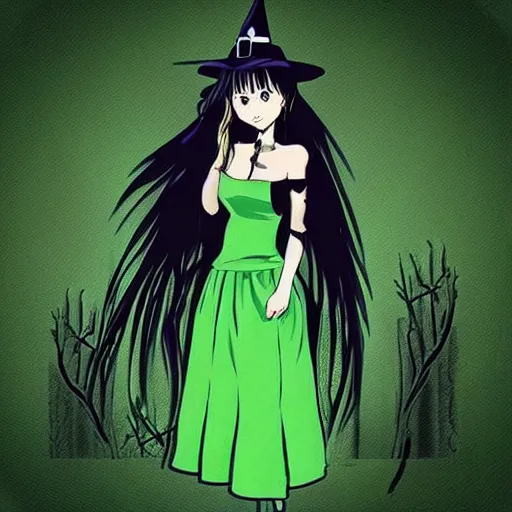 Image similar to “quirky witch in green dress anime style”