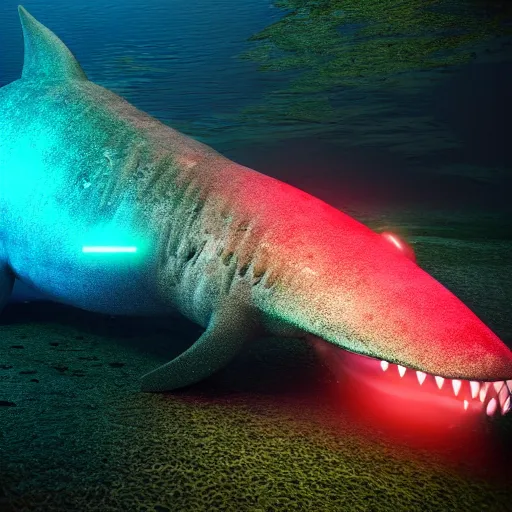 Image similar to a black cybernetic mosasaurus with neon blue and neon pink fins and skin in water swimming, octane render, trending on artstation, digital art, 4k, high detail, cinematic, cinematic lighting, high detail, realistic, fantasy,