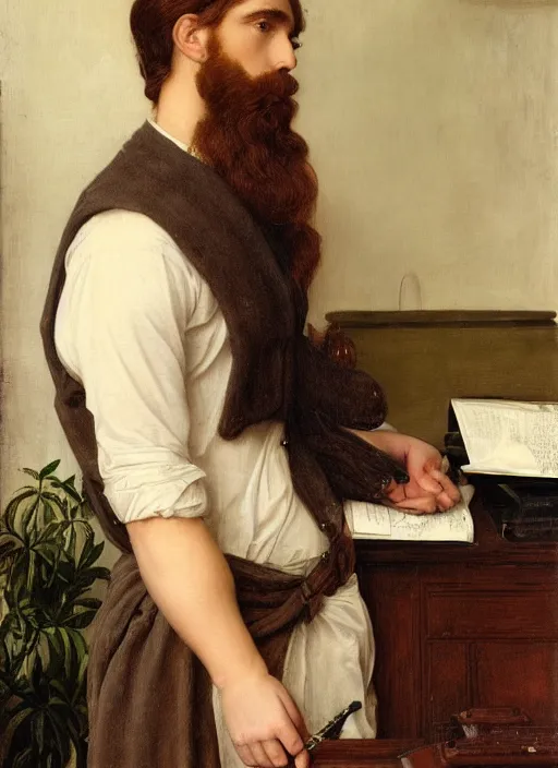 Prompt: Pre-Raphaelite young beautiful brown-haired bearded muscular male working in a office job