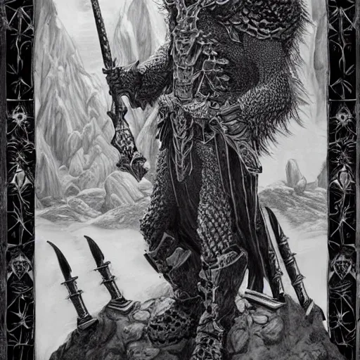 Image similar to arnold swarchenegger with giant sword, intricate detailed dark fantasy art by kentaro miura