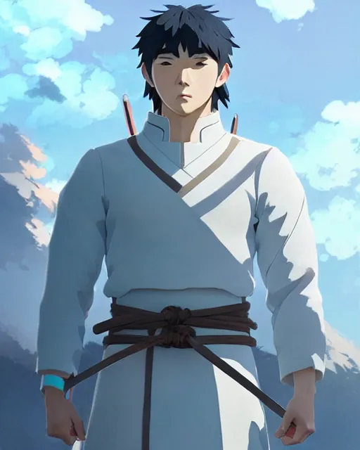 Prompt: ancient warrior, a south korean male, he wears a light blue jacket, white long hair, detailed perfect face, exquisite details, fire magic, mid view, design on a white background, by studio muti, greg rutkowski makoto shinkai takashi takeuch studio ghibli