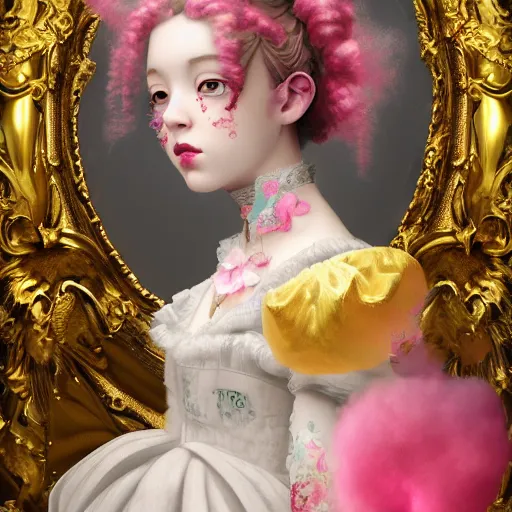 Image similar to 8 k, octane render, realism, tonalism, renaissance, rococo, baroque, portrait of a young - lady wearing long - harajuku manga - dress with flowers! and skulls, background chaotic gold leaf flowers, cotton candy!!!!!