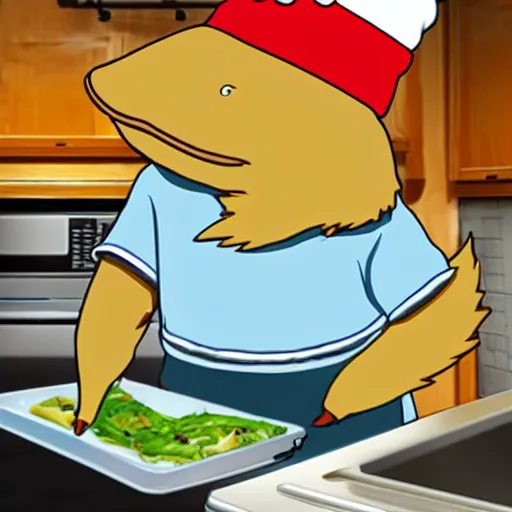 Prompt: anime style cute platypus on a kitchen wearing a chef hat and holding a lasagna into an oven, anime style, 3 d, chibi style, kawaii