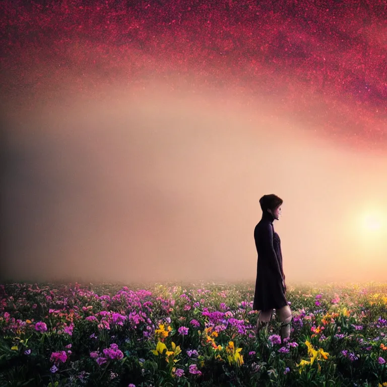 Image similar to a planet of various flowers, fungus and plants, in which the singular human figure is dressed in something magical and impressive, inside the picture is infinity, sunset light, Atmospheric phenomenon, artistic photography, muted colors, conceptual, long exposure outside the city, volumetric light