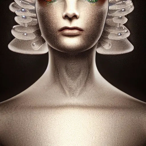 Image similar to closeup portrait of an absurdly beautiful, graceful, sophisticated, fashionable cyberpunk mechanoid gravure idol, an ultrafine hyperdetailed illustration by irakli nadar, matt wisniewski style, fashion photography, intricate linework, porcelain skin, jellyfish headdress, unreal engine 5 highly rendered, global illumination, radiant light, detailed and intricate environment