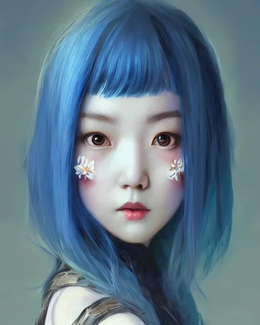 Image similar to symmetrical portrait of a pretty korean girl with blue hair dressed as alice in wonderland, digital painting, 8 k, concept art, art by wlop, artgerm, greg rutkowski and alphonse mucha