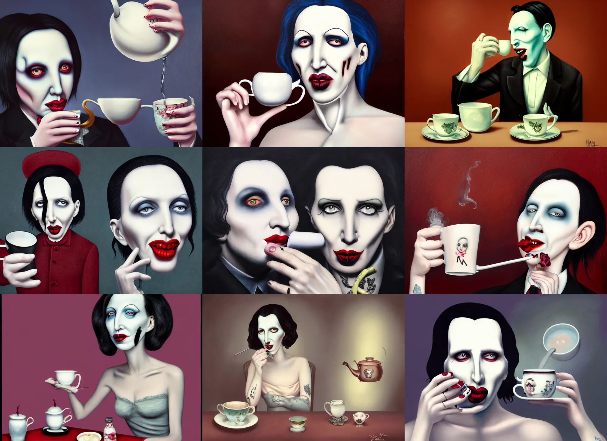 Prompt: a painting of marilyn manson drinking tea in the style of mark ryden, nicoletta ceccoli, mab graves, highly detailed, digital art, smooth, sharp focus, illustration, octane render, featured on artstation