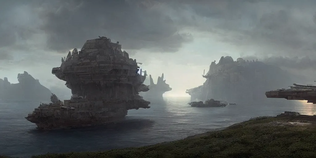 Image similar to screenshot from a movie, epic matte painting of a science fiction outpost on an island, cinematic cinematography masterpiece, greg rutkowski, and ivan aivazovski, roger deakins