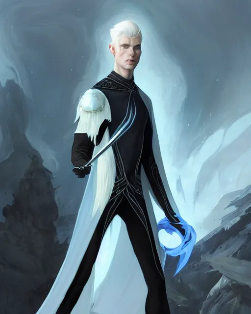 Prompt: character portrait of a slender young half elven man with white hair piercing blue eyes and pale blue skin, wearing sleek pearlescent black armor, by greg rutkowski and mark brookes and jim burns and tom bagshaw and magali villeneuve, trending on artstation