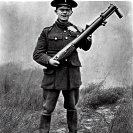 Image similar to old wartime photograph of shaggy from scooby - doo holding a lewis gun, 1 9 1 7