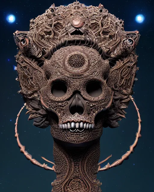 Image similar to 3 d ornate carved dark cosmic goddess with profile portrait, sigma 5 0 0 mm f / 5. beautiful intricate highly detailed quetzalcoatl skull. bioluminescent, plasma, lava, ice, water, wind, creature, thunderstorm! artwork by tooth wu and wlop and beeple and greg rutkowski, 8 k trending on artstation