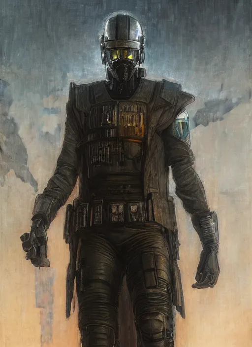 Image similar to saladin. cyberpunk police trooper in a military vest ( blade runner 2 0 4 9, cyberpunk 2 0 7 7 ). orientalist portrait by john william waterhouse and james gurney and theodore ralli and nasreddine dinet, oil on canvas. cinematic, hyper realism, realistic proportions, dramatic lighting, high detail 4 k