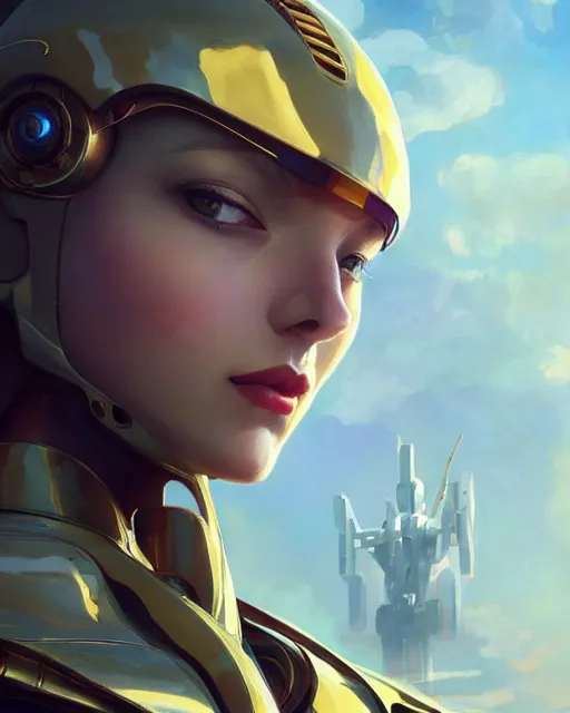 Image similar to beautiful delicate imaginative streamlined elegant futuristic close up portrait of a soldier female sitting with elegant deadly looks, mecha neon genesis evangelion armor with gold linings by ruan jia, tom bagshaw, alphonse mucha, futuristic buildings in the background, epic sky, vray render, artstation, deviantart, pinterest, 5 0 0 px models