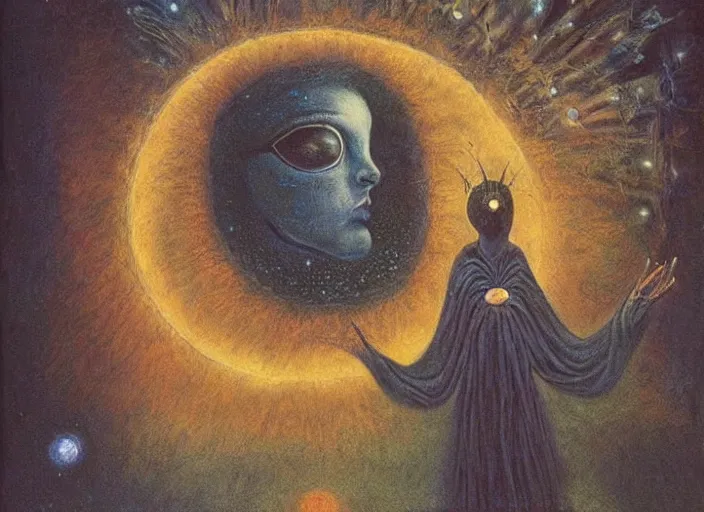 Image similar to a shaman woman holding up the cosmic!!!! universe, by remedios varo, reflection, symbolist, pastel colors, dramatic lighting, smooth, sharp focus, extremely detailed, aesthetically pleasing composition