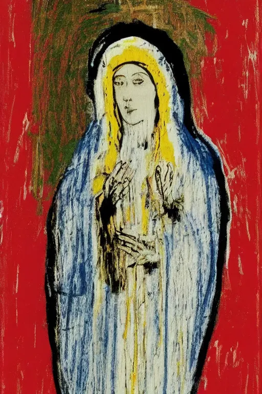 Image similar to virgin mary of lourdes painted by cy twombly and andy warhol