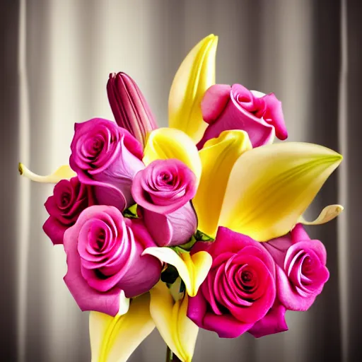 Image similar to studio photo of a bouquet of different shades of pink roses and lilies. window sun reflected in a light yellow background. amazing photography and lighting, bokeh,