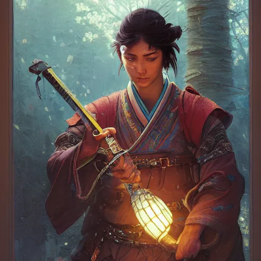 Image similar to Highly detailed portrait of Kurdish samurai, Stephen Bliss, unreal engine, fantasy art by Greg Rutkowski, Loish, Rhads, ferdinand knab, Makoto Shinkai and Lois van baarle, ilya kuvshinov, rossdraws, Tom Bagshaw, alphonse mucha, global illumination, radiant light, detailed and intricate environment, highly detailed, award winning art