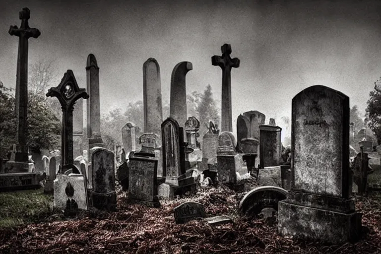 Prompt: spooky graveyard, broken tombstones, marble crypt, zombie hand bursting out of the ground, foggy moonlit night, dark soil, overgrown trees, gothic architecture, rusted iron fencing, high resolution photograph, faded colors, deviantart