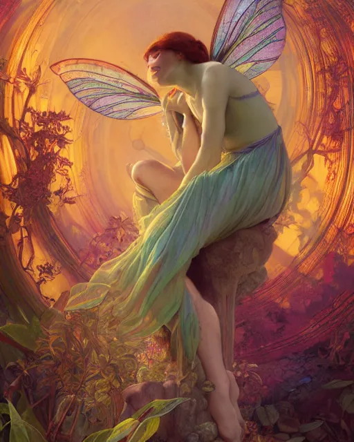 Image similar to a beautiful fairy in a morning dreamland, full body, coherent design, symmetrical, vivid color, complementary color, golden ratio, detailed, sharp lines, intricate, rainbowshift, by james gurney, by peter mohrbacher, by alphonse mucha, by maxfield parrish, by karol bak, waterhouse, octane render