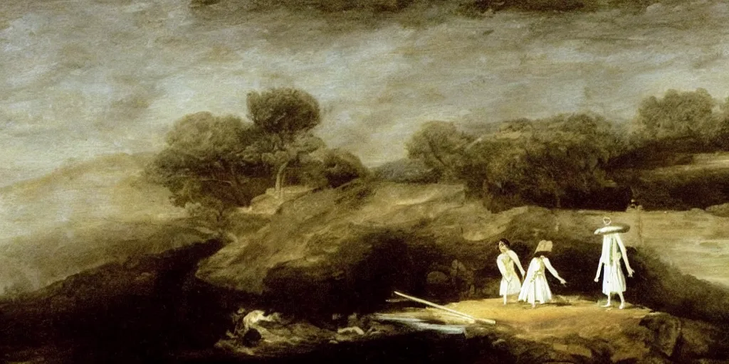 Prompt: hyperrealismBaptism on the river girls in white capes and robot skeletons landscape in style of Goya