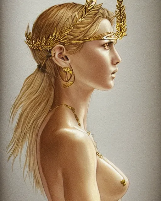 Image similar to tattoo sketch of blonde super model aphrodite greek goddess wearing a gold laurel wreath and triangle earrings, beautiful piercing gaze with sharp pupils, in the style of greg rutkowski, fantasy, amazing detail, epic, elegant, smooth, sharp focus, front view