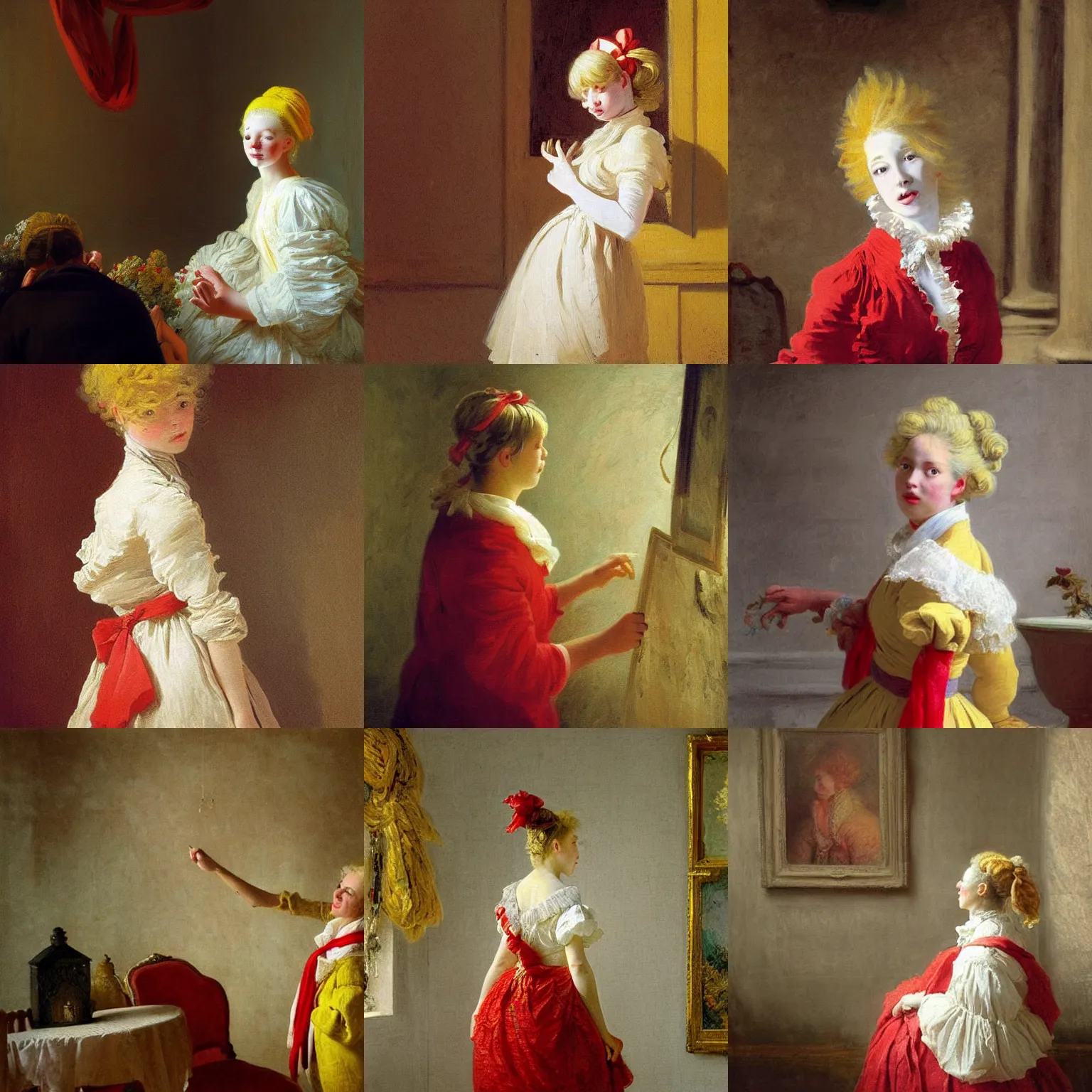 Prompt: a teen museum curator with light yellow hair, cheerful, white modern fashion dress, red scarf, ribbons, is ( ( looking at portraits on a wall ) ). light dust, magnificent, hyperdetailed, theatrical, painted by jean honore fragonard