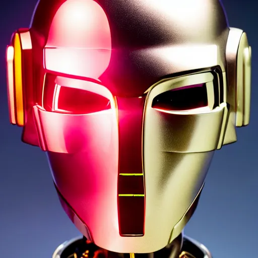 Image similar to daftpunk deluxe humanoid robots front head daftpunk curved screen displaying red glowing Error, background dark, 40nm lens, shallow depth of field, split lighting, 4k,