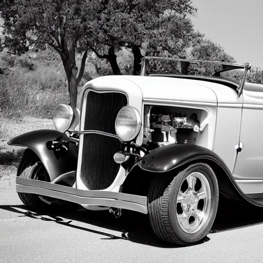 Prompt: a 1 9 3 2 ford roadster on route 6 6. black and white photograph 8 k.