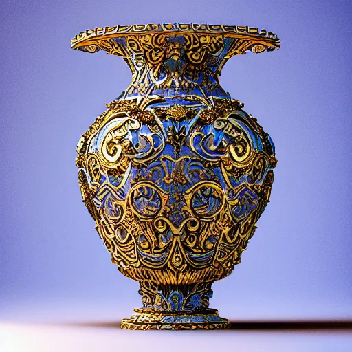 Image similar to An ornate baroque vase, violet, cerulean, sky blue, gold, silver, white black, volumetric dust rays, intricate detail, ultra realistic, cinematic lighting, moody, wet, shiny, octane render, art gallery