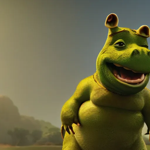 Image similar to Kanye West riding an aligator, next to (Shrek), splash art, movie still, cinematic lighting, dramatic, octane render, long lens, shallow depth of field, bokeh, anamorphic lens flare, 8k, hyper detailed, 35mm film grain