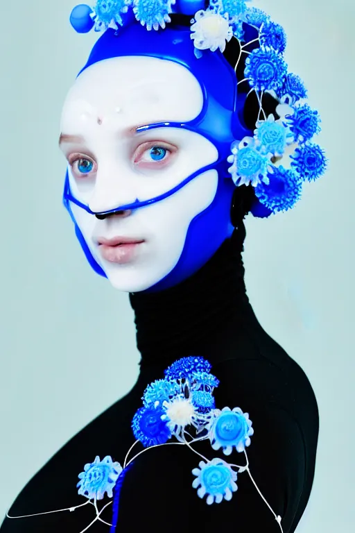 Image similar to symmetrical portrait of a woman wearing a blue embroidered translucent silicone mask and white frizzy hair buns, wearing a black bodysuit by alexander mcqueen, standing in a sterile room full of translucent silicone white flowers and plants, white background, soft diffused light, biotechnology, humanoide robot, futuristic aesthetic, translucent, ethereal, intricate details, highly detailed, masterpiece,