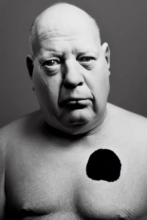 Image similar to studio portrait of man that looks excactly like homer simpson, lookalike, as if homer simpson came to life, soft light, black background, fine skin details, close shot, award winning photo by diane arbus