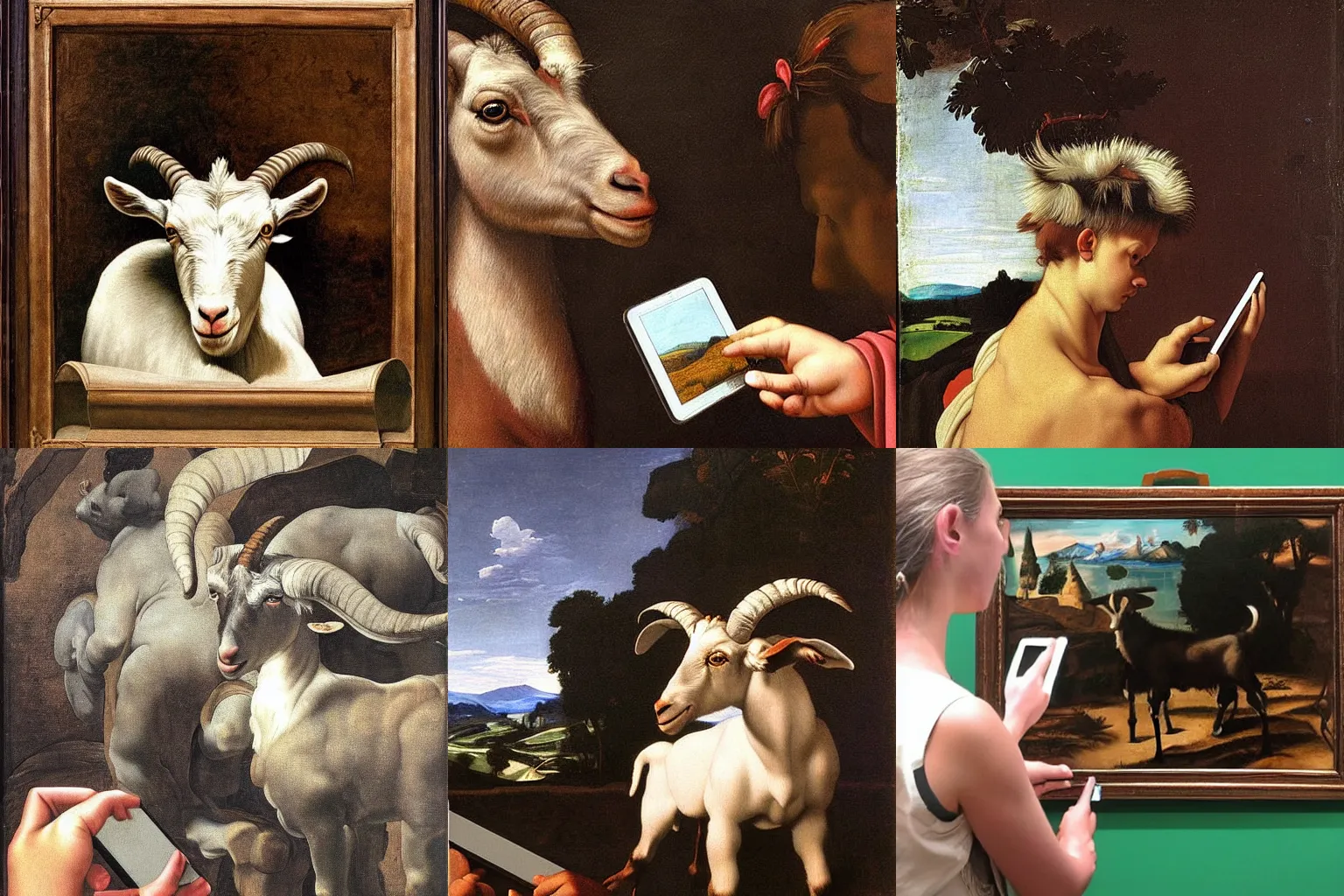 Image similar to A extremely highly detailed majestic hi-res beautiful, highly detailed painting of a goat taking a picture with an Ipad by Michelangelo Merisi da Caravaggio,