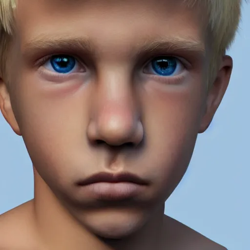 Image similar to portrait of a boy with his right hand on his face, extremely realistic and real, photorealistic, blonde hair and blue eyes, detailed facial structure, real eyes that are detailed,