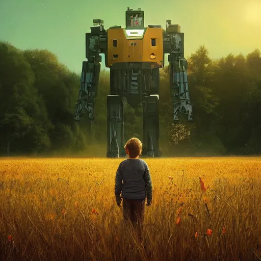 Image similar to giant mech stands over hay field by simon stalenhag, atmospheric haze, children below look up, misty evening, sci fi digital painting, unreal engine 5, photorealism, hd quality, 8 k resolution, cinema 4 d, 3 d, cinematic, professional photography, art by artgerm and greg rutkowski and alphonse mucha and loish and wlop