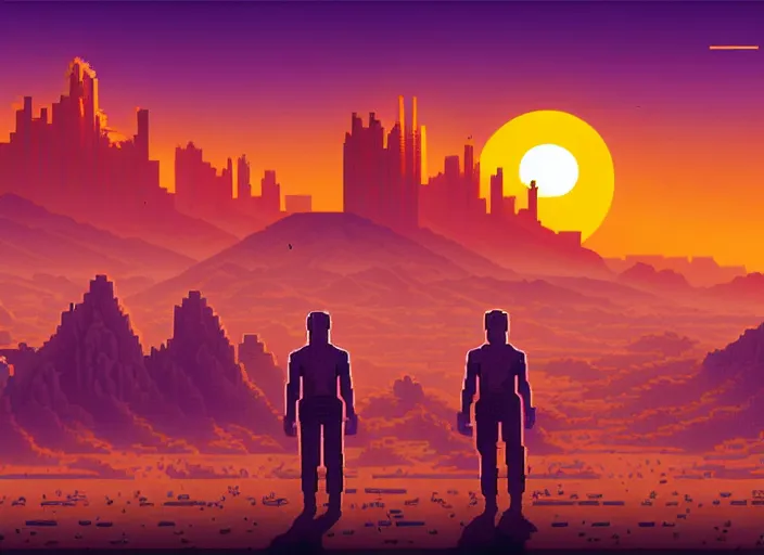 Image similar to detailed pixel art, science fiction pc game point - and - click adventure, lucas arts, desert with city in the skyline, two suns, purple orange colors, sharp focus, illustration, highly detailed, digital painting, concept art, matte, art by wlop and artgerm and greg rutkowski, masterpiece