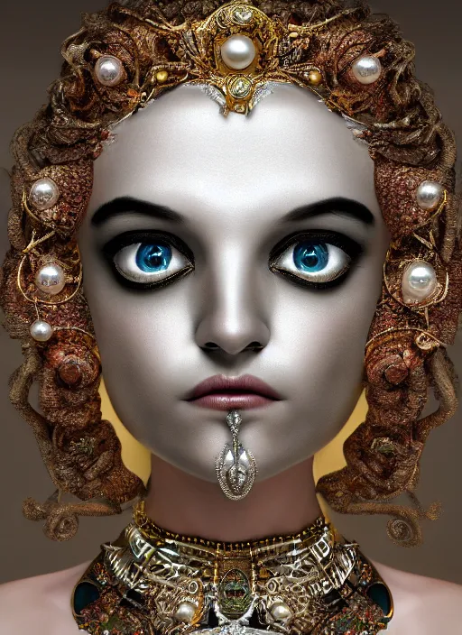 Prompt: hyperrealism, detailed textures, award winning autochrome photo, symetrical alien pearl medusa queen autochrome pearl portrait, pearl silverplate, intricate, detailed facial pearl animal mask, pearl, golden jewelery, silverplate, ultra realistic, cinematic, intricate, cinematic light by steve mccurry, unreal engine 8 k