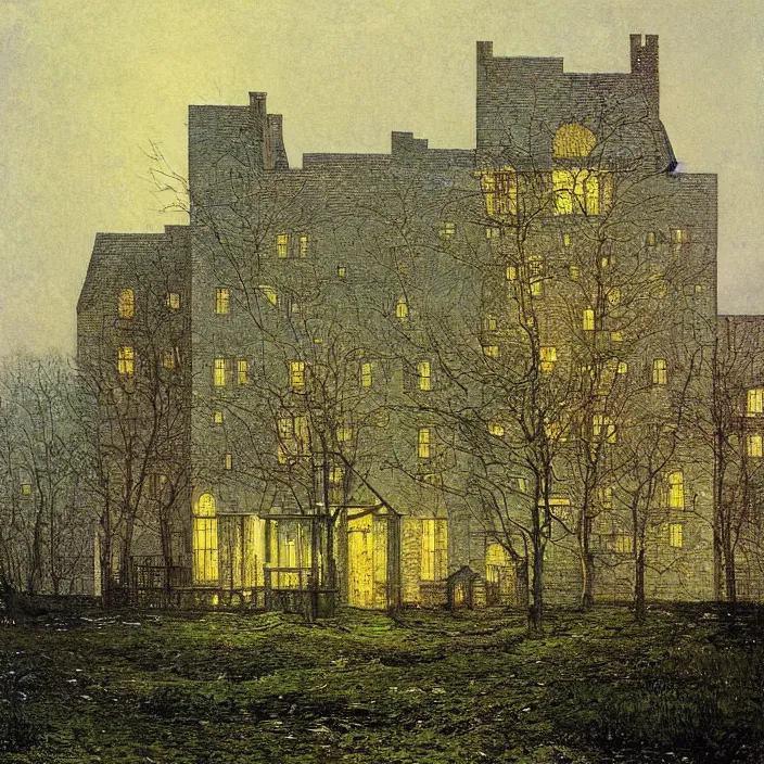 Image similar to a building in a landscape, by john atkinson grimshaw