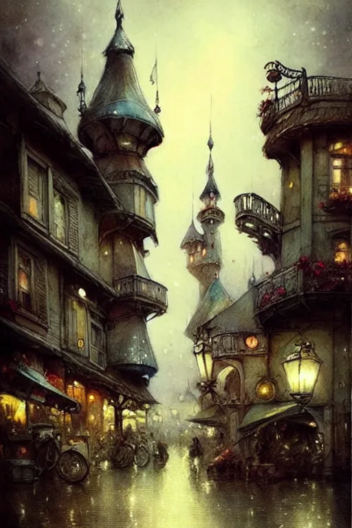 Image similar to (((((1950s fairy tale city at night . muted colors.))))) by Jean-Baptiste Monge !!!!!!!!!!!!!!!!!!!!!!!!!!!