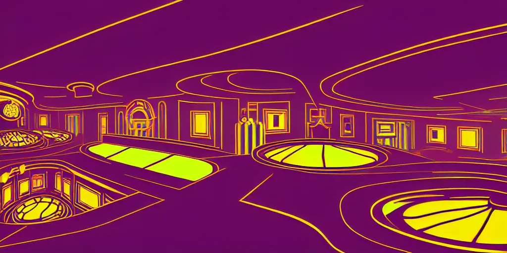 Prompt: minimalistic extreme wide angle curved perspective digital art of indoor top floor of a casino with a balcony to the ground floor by anton fadeev from nightmare before christmas