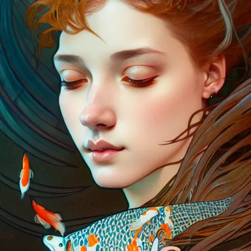 Image similar to Portrait of a girl surrounded by Koi fish, face, fantasy, intricate, elegant, highly detailed, digital painting, artstation, concept art, smooth, sharp focus, illustration, art by Loish and greg rutkowski and alphonse mucha