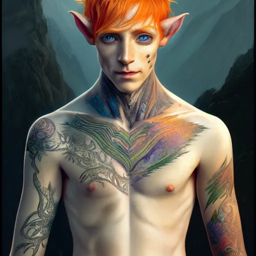 Image similar to portrait painting of an elven eladrin young man with short light orange hair and freckles and fine tribal tattoos on his cheekbones, ultra realistic, concept art, intricate details, eerie, highly detailed, photorealistic, octane render, 8 k, unreal engine. art by artgerm and greg rutkowski and charlie bowater and magali villeneuve and alphonse mucha