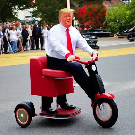 Prompt: a photograph of donald trump riding a tricycle, realistic, award winning,