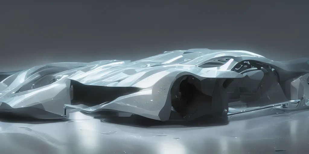 Image similar to full view of a car, painted in white holographic pearlescent, elegant, digital painting, concept art, smooth, sharp focus, art style from Wang Ke and Greg Rutkowski and Bruce Kaiser and Scott Robertson and Dmitry Mazurkevich and Doruk Erdem and Jon Sibal, small style cue from Blade Runner