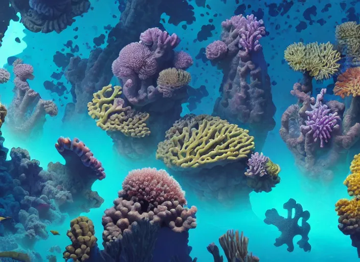 Image similar to a luminescent underwater reef with corals and aquatic life by paolo eleuteri serpieri and tomer hanuka and chesley bonestell and daniel merriam and tomokazu matsuyama, unreal engine, high resolution render, featured on artstation, octane, 8 k, highly intricate details, vivid colors, vector illustration