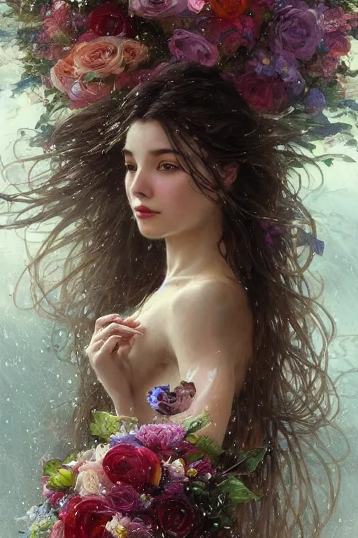 Image similar to portrait of a beautiful mysterious woman holding a bouquet of flowing flowers, wet dripping long hair, hands hidden under the bouquet, emerging from the water, fantasy, regal, intricate, by stanley artgerm lau, greg rutkowski, thomas kindkade, alphonse mucha, loish, norman rockwell