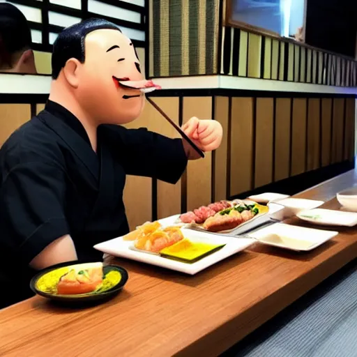 Prompt: Mr Potato Man eating sushi at a Japanese restaurant