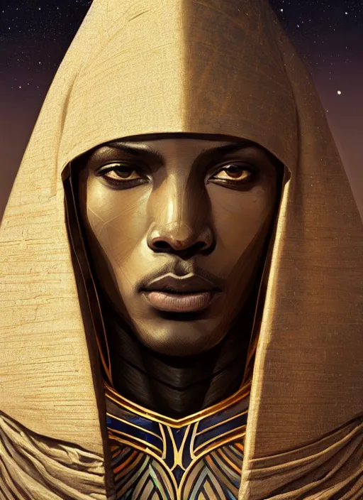 Prompt: close up portrait of noble khonsu under moonlight, egyptian symbolism, masculine, hooded african man wrapped in linen by artgerm, cushart krenz, greg rutkowski, mucha. art nouveau. gloomhaven, swirly lunar ripples, pale colors, sharp edges. ultra clear detailed. 8 k. elegant, intricate, octane render