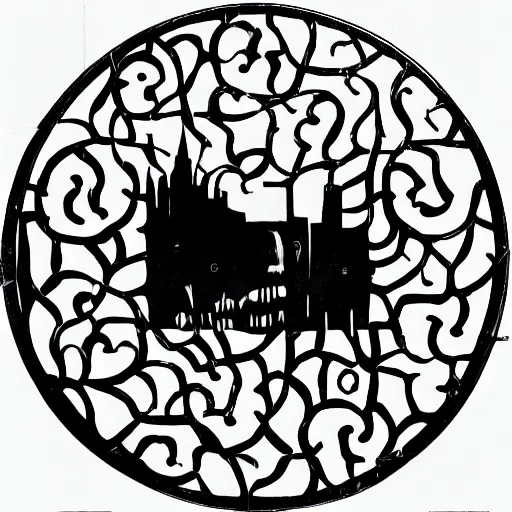 Image similar to a perfect circle, the outer edge of the circle is the silhouette of a city skyline, black and white, minimalist, in the style of a line drawing