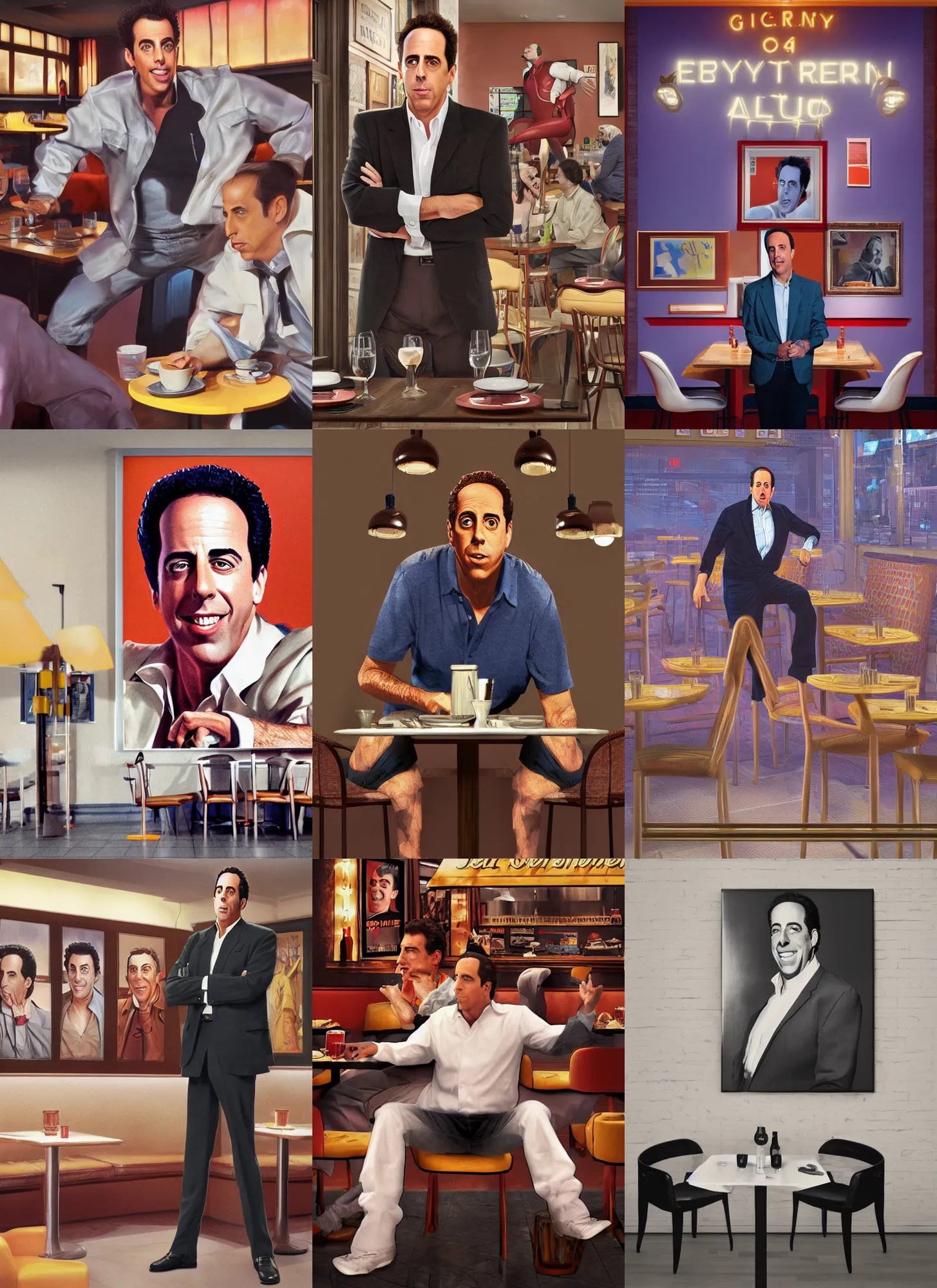 Prompt: a poster artwork of Jerry Seinfeld in a restaurant whit Kramer by Peter Andrew Jones, Al Feldstein, Henry Justice Ford, Houdini algorithmic generative render, sharp focus, octane render 8k